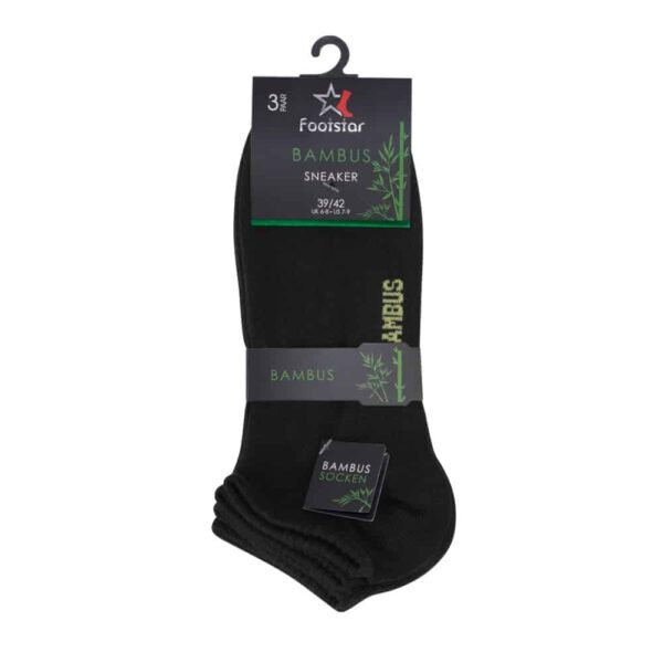 Sneaker-Socken Herren Bambus 3er Bund Sneaker Socken aus Bambusviskose Herren von Footstar - Farbe Schwarz - Mit gelbem Bambus Schriftzug - 3er Bund mit Etikette.